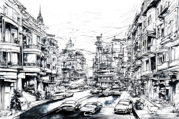 Obraz premium Sketch of a City Street with Cars