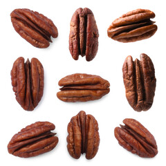 Many pecan nuts isolated on white, set