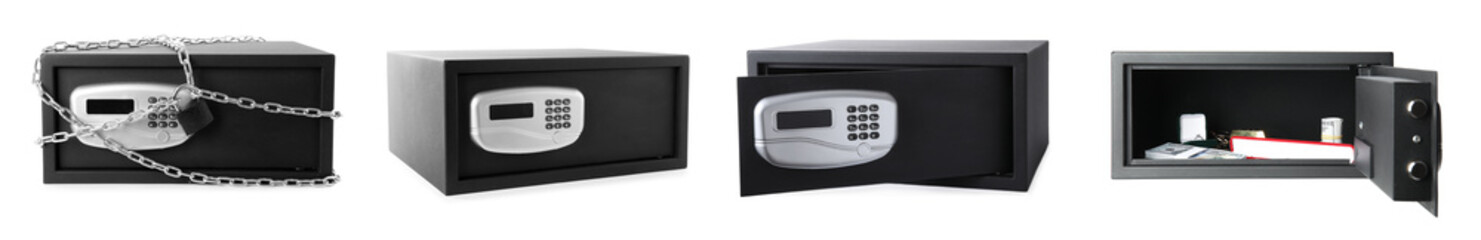 Obraz premium Steel safe with electronic lock isolated on white, collage