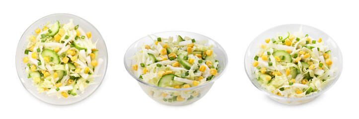 Tasty salad with Chinese cabbage in bowl isolated on white, top and side views