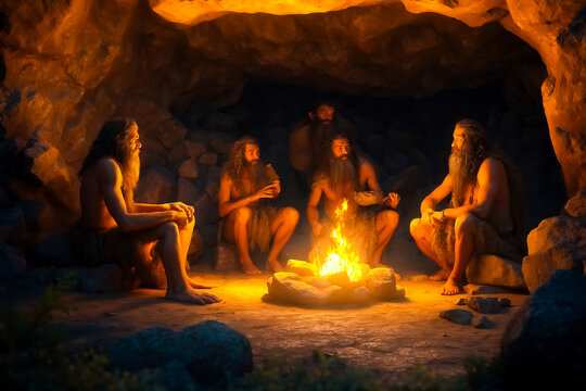 Primitive People Around a Campfire in a Cave