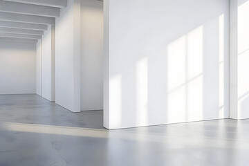 A modern interior with empty white walls and concrete flooring, ideal for art exhibition or gallery space, with bright lighting. 3D Rendering