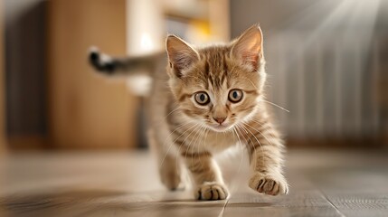 A playful kitten chasing sunbeams in a cozy living room, creating a joyful and heartwarming image. The soft, golden light enhances the kitten's playful nature and the cozy atmosphere of the room.