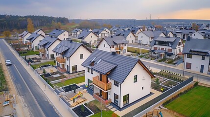 aerial view of a middle class brand new residential houses neighborhood in a city suburbs. suburbia