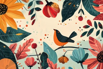 Obraz premium Colorful Bird Perched on a Branch with Flowers and Leaves