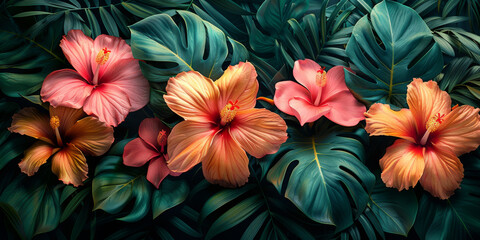 Naklejka premium Summer beautiful fantasy vintage wallpaper all tropical botanical flowers bunch,vintage motif for floral print digital background 