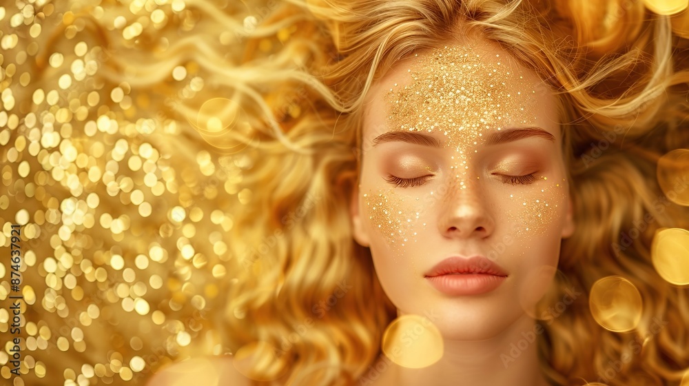 Canvas Prints Attractive blond Woman in magic gold dress on golden glitter background, Closed eyes girl with curly blond lush hair