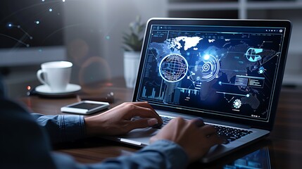 Fototapeta premium An interpreter using advanced translation software on a high-tech laptop, working remotely from a stylish home office with international decor. copy space for text, focus cover all adject, deep dept