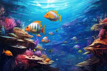 Explore the vibrant and colorful tropical fish, coral reef, and marine life in this enchanting underwater ecosystem illustration