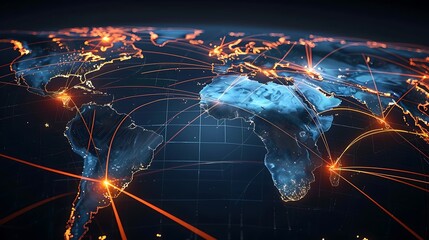 A world map with highlighted flight paths, emphasizing the need for interpreters in a globalized world. copy space for text, focus cover all adject, deep dept of field, nodust