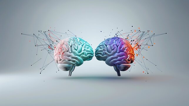 An abstract concept of two brains connected by a bridge of colorful lines, symbolizing the role of interpreters in bridging communication gaps. copy space for text, focus cover all adject, deep dept