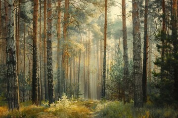 Obraz premium Misty morning in a dense pine forest with a small clearing and sunlight filtering through the trees