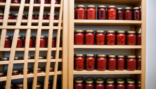 Estante de Madeira Repleta de Potes de Conserva de Tomate