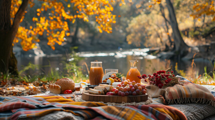 A cozy picnic setup with blankets, a variety of food, and a backdrop of vibrant autumn foliage in a forest setting.