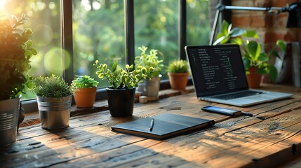modern home office desk table,stationery black notebooks tablet cup of coffee elegant style.image illustration