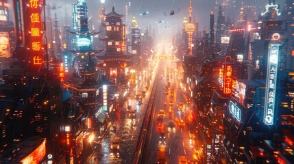 Futuristic Cityscape in Rain