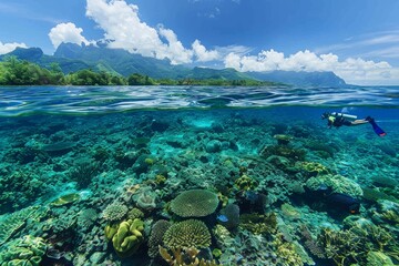 Fototapeta premium Underwater Paradise with Diver and Lush Mountain Background