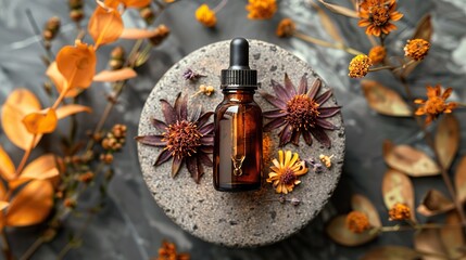 dropper bottle,serum lotion or essential oil,dried flowers on stone plate top view skin care concept.stock photo
