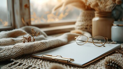 aesthetic feminine workspace,clipboard pen office stationery glasses beige cloth dried flowers.image illustration
