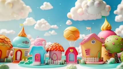 Illustration colorful cartoon scene of a town with houses and trees