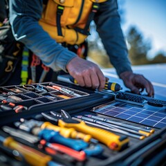 A man is working on a solar panel, using a variety of tools
