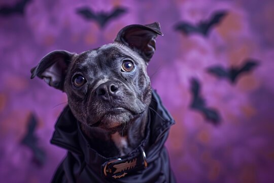 A pet dressed up in a Halloween costume on a mysterious purple backdrop with bat silhouettes