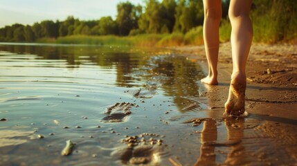 young woman walking barefoot on the lake shore generative ai