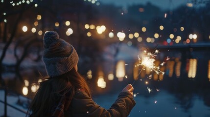 Fototapeta premium Woman Holding a Sparkler by a Frozen Lake in Winter