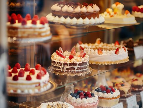 Uma vitrine de loja de bolos colorida e convidativa, repleta de bolos deliciosos e decorados