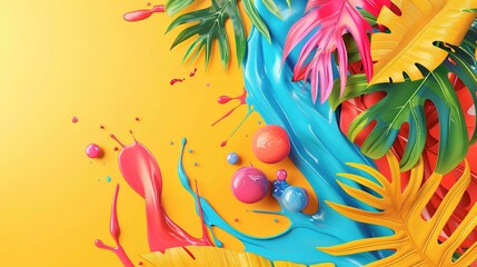 Obraz premium colorful splash of paint with tropical leaves on a yellow background, in a top view. Abstract colorful liquid splashes and waves in the style of summer. Design for a poster, flyer, magazine cover