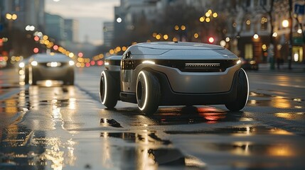 Futuristic car driving on a wet city street at night