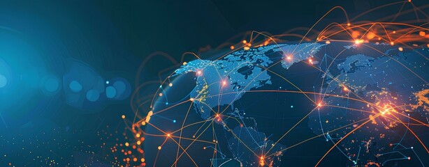 Digital world map global network concept with glowing connections on dark background, digital technology and connectivity idea of internet data transfer around the earth globe