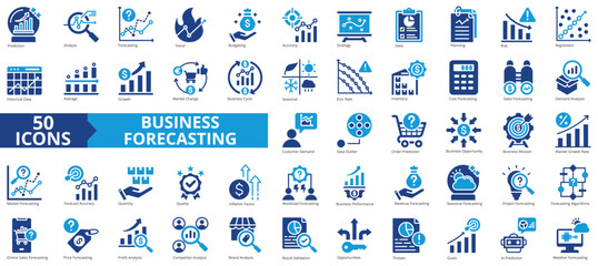 Business forecasting icon collection set. Containing prediction, analyze, data, trend, budgeting, accuracy, strategy icon. Simple flat vector illustration.