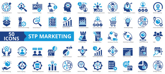 Stp marketing icon collection set. Containing target audience, customer needs, value proposition, loyalty program, marketing mix, retention, buyer persona icon. Simple flat vector illustration.