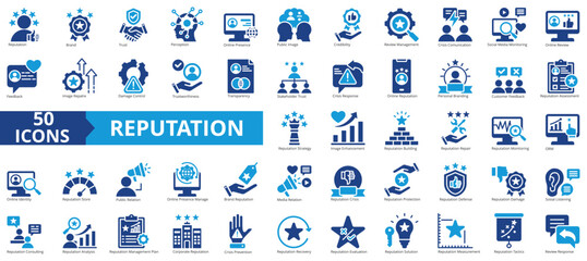 Reputation management icon collection set. Containing reputation, brand, trust, perception, online presence, public image, credibility icon. Simple flat vector illustration.