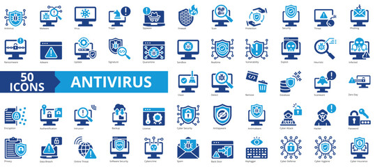 Antivirus icon collection set. Containing malware, security, trojan, spyware, firewall, scan, protection icon. Simple flat vector illustration.