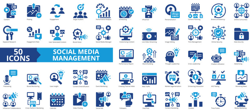 Social media management icon collection set. Containing content, posting, engagement, target audient, performance analysis, scheduling, influencer icon. Simple flat vector illustration.