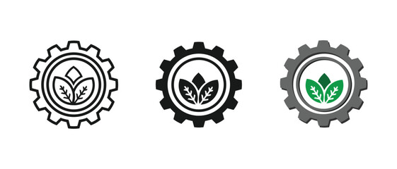 icon set 3.cdrbiotechnology logo set, gear and leaf design in the middle, available in outline, solid and colored styles, editable vector eps 10.