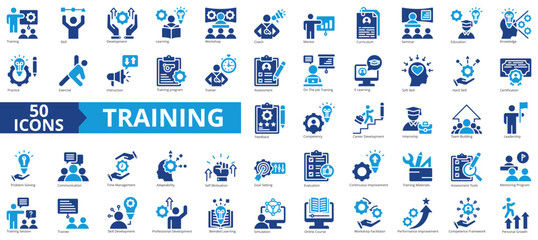 Training icon collection set. Containing development, learning, workshop, coach, mentor, curriculum, seminar icon. Simple flat vector illustration.
