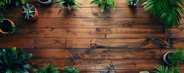 Wooden table with a variety of potted plants