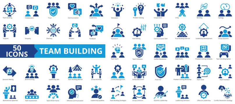 Team building icon collection set. Containing collaboration, trust, communication, leadership, motivation, problem solving, cooperation icon. Simple flat vector illustration.