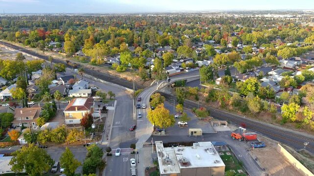Roseville California Sierra Vista Bridge aerial view with the train tracks below. 
