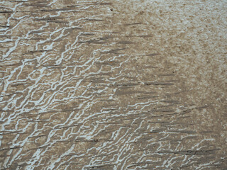 Close-up, dirty mud splashed on the surface of a white vehicle after an off-road adventure.