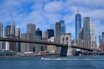 Fototapeta premium Manhattan skyline and Brooklyn Bridge viewed from Brooklyn