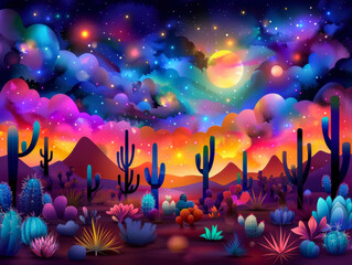 Vibrant Desert Night Sky with Stars and Cactus