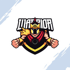 Strong Muscular Gladiator with Golden Helmet and Red Vest Vector Mascot