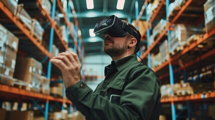 A man wearing a VR headset stands in a warehouse, utilizing virtual reality for inventory management. AIG62