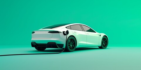 White electric car charging at a station. Concept of sustainability, green energy, and future of transportation.