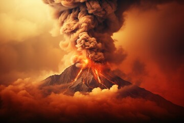 Fototapeta premium Dramatic view of a volcano erupting with fiery lava flow and smoke against a fiery sky
