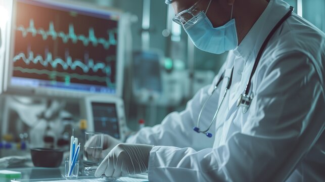 Doctor wearing surgical mask and gloves working with medical equipment and analyzing data on a monitor in a hospital room. Concept of healthcare, medicine, and technology